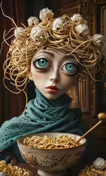 a woman with blue eyes is eating noodles