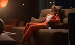 a woman sitting on a couch looking at something