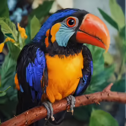 a colorful bird perched on top of a branch next to some leaves