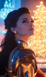the woman in futuristic outfit has earrings on her ears