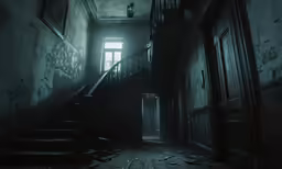 an empty dark hallway leads into another dimly lit room