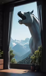the white dog statue is looking out the window