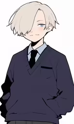 a person with white hair wearing a blue shirt and tie