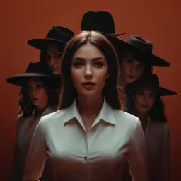 a woman with many black hats standing next to two ladies in a white shirt