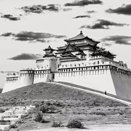 a black and white photo of the great wall of china