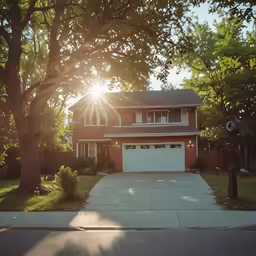 a brick home with an open driveway and trees