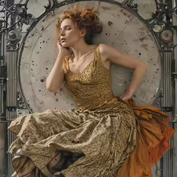 a woman in a long dress and holding her hand on her head