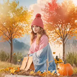 the girl is sitting on the ground and posing for a photo,a girl sitting in a field with fall foliage and a bag in her hands