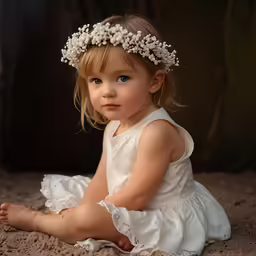 the baby girl is wearing a white dress with small flowers in her hair