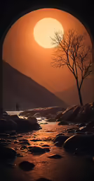 the sun is rising over a small river