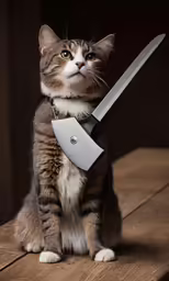 a cat sitting down on a table holding a knife