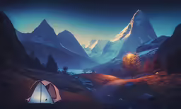 the tent is pitched up in a mountain valley at night