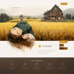 a website design featuring a woman and a house in the middle of a field