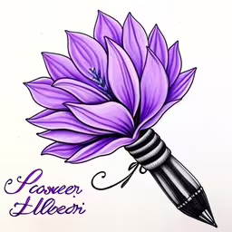 a purple flower that has an ink pen on it,purple flower in front of the words power ll