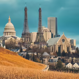 a field with many buildings and large towers in the background
