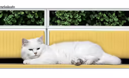 a white cat laying down on a yellow bench
