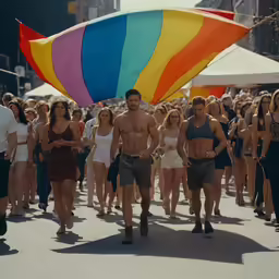 some people walk while one person carries a rainbow umbrella