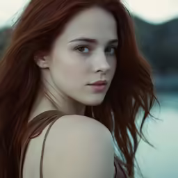 the woman is standing near the water with her red hair flying in the wind