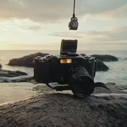 a camera is perched on top of a rock next to the ocean