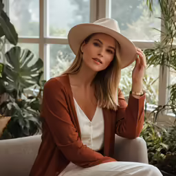 a woman with her hands on her hair wearing a brown coat and a white top and white pants, sitting in a chair wearing a tan colored hat