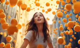 a woman with the sun in her eyes has a background of oranges