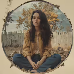 a young lady sits cross - legged on a dirty, old - fashioned background