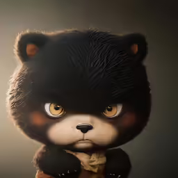 a stuffed animal that is wearing clothes and looking at the camera