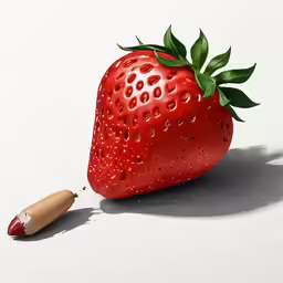 a large red strawberries with green leaves