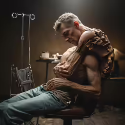 a man with his hairy chest and arm wrapped around his waist