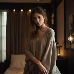 a woman with brown hair standing in front of a bed