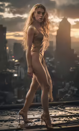 the model is posing naked and wearing her high heels
