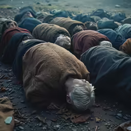 people on the ground covered in blankets and wearing headscarves