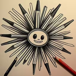 an artistic drawing with markers in front of a sun,drawing a drawing of a starburst with a smiley face surrounded by crayons