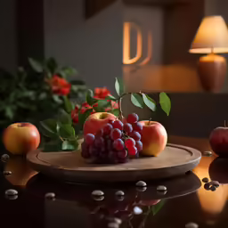 a few apples and some grapes are sitting on a round board