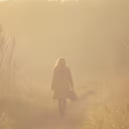a woman walking down the path with a suitcase