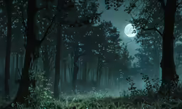 a dark forest filled with trees and grass