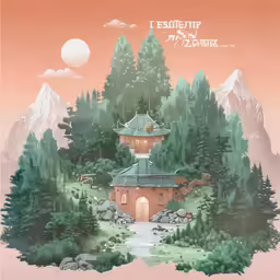 a castle surrounded by evergreens and mountains