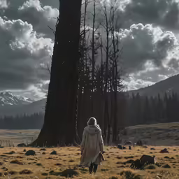 a woman standing in an open field by a large tree