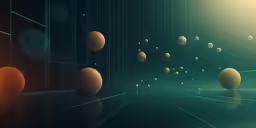 a very long dark tunnel with several orange and black spheres