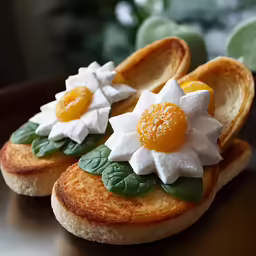 close up of food decorated with flowers on bread