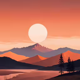 the sun setting over mountains over a lake,a painting of a sunset over a mountain range
