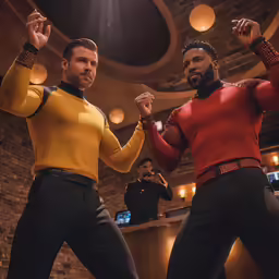 two male dancers in brightly colored outfits