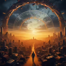 a man walks down an alley way to a city