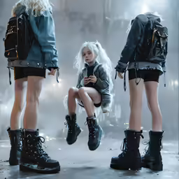 several models on a stage and one wearing black boots