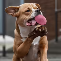 a brown and white dog holding onto a pink object