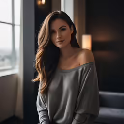 a woman in an off the shoulder sweater sits on a chair