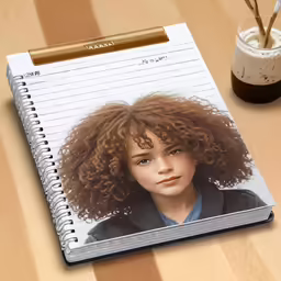 a spiral notebook with an image of a girl