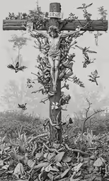 the cross with lots of birds hanging from it