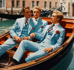 the young men are dressed in matching suits,two men in matching blue suits on a boat