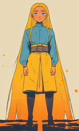 a woman with a long yellow hair wearing a blue top